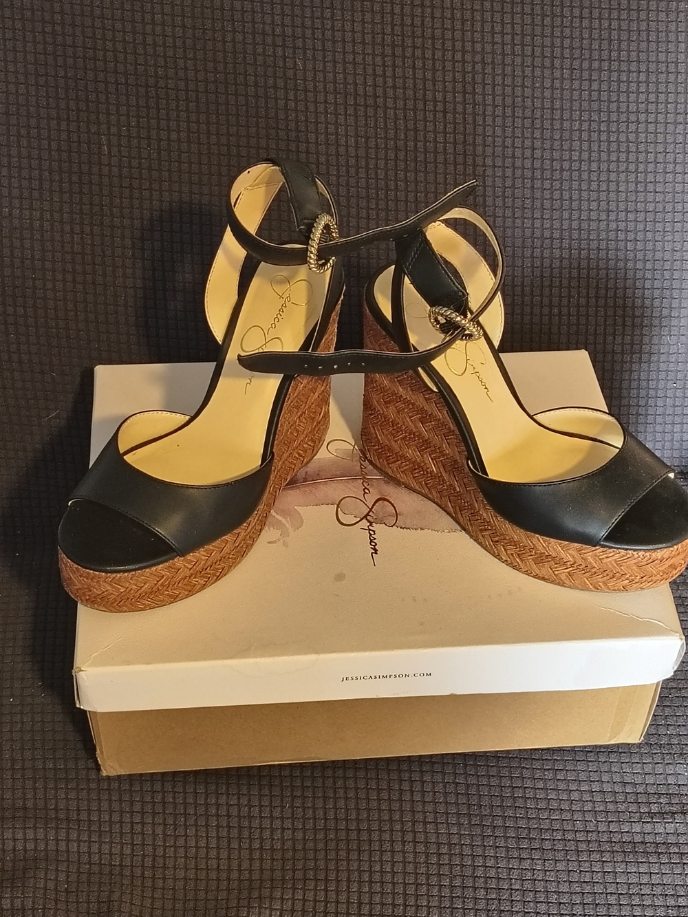 Jessica Simpson Black Leather Wedge Sandals with Braided Brown Platform